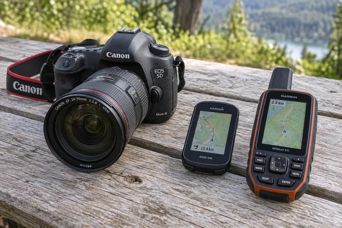 Gegenereerd sfeerbeeld van een Canon EOS 5D Mark III en Garmin navigatie